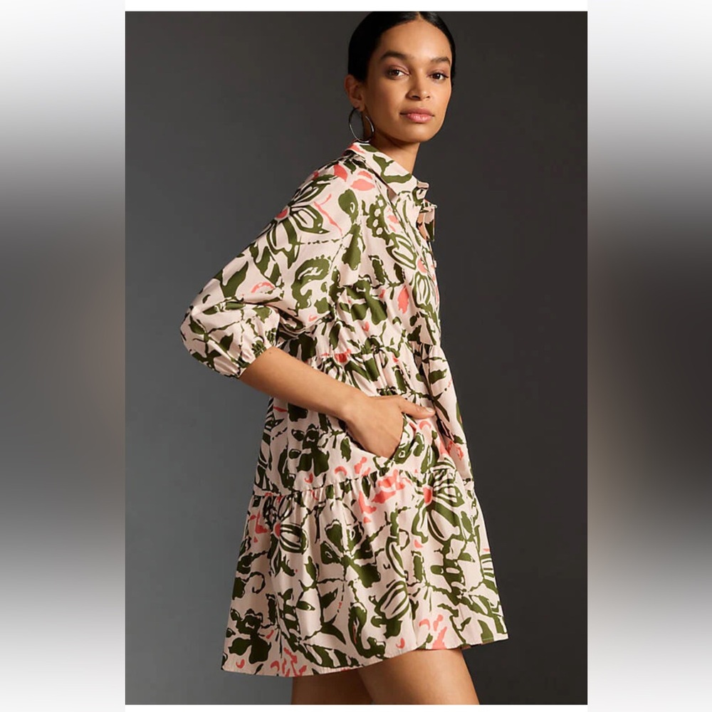 Maeve Anthropologie Beige Dress with Olive and Coral Floral Print